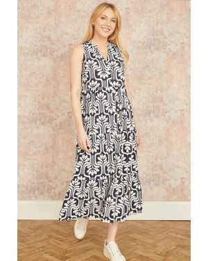 Yumi' Retro Print Relaxed Midi Dress - Blue