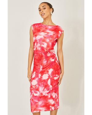 Yumi' Mesh Ruched Bodycon Midi Dress - Red