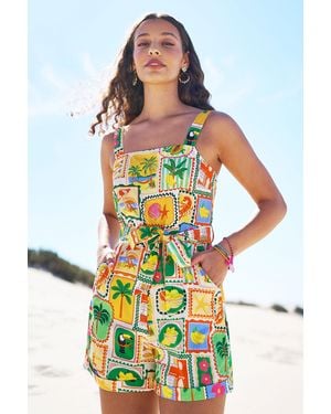 Yumi' Multicolour Cotton Postcard Print Playsuit