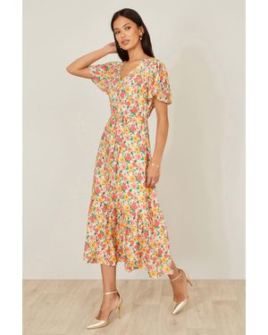 Yumi' Multicolour Midi Tea Dress With Angel Sleeves - Natural