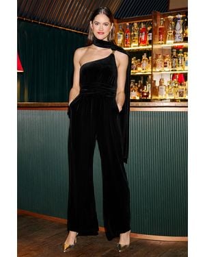 Yumi' Velvet One Shoulder Jumpsuit With Scarf - Black