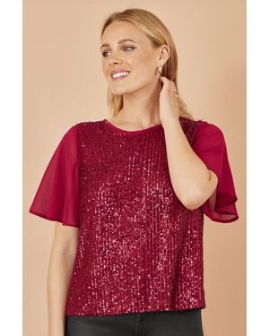 Yumi' Sequin Top With Sheer Sleeves And Cut Out Back - Red