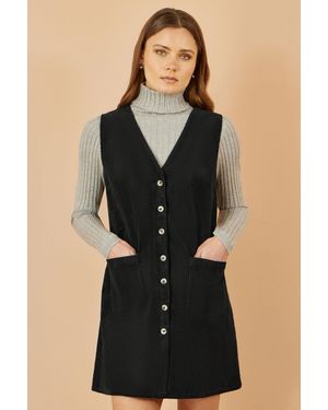 Yumi' Cord Button Through Pinafore Dress With Pockets - Black