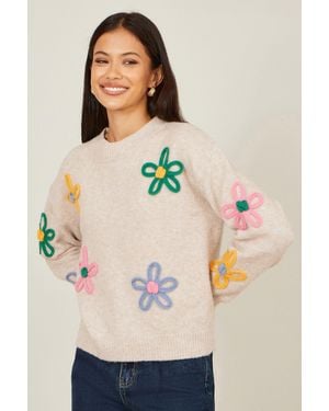 Yumi' Oatmeal Relaxed Flower Embroidered Jumper - Natural