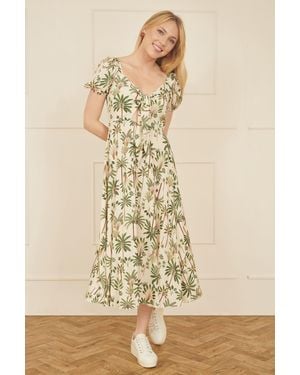 Yumi' Cotton Palm Print Ruched Midi Dress - Natural
