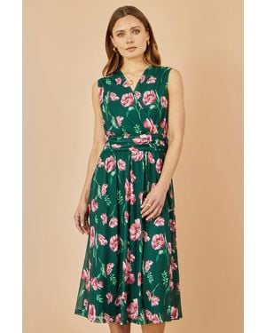 Yumi' Floral Print Mesh Stretch Midi Dress With Pockets - Blue