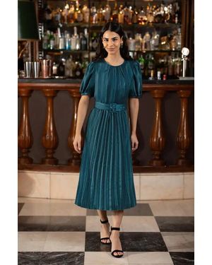 Yumi' Satin Striped Midi Dress With Pleats And Matching Belt - Blue