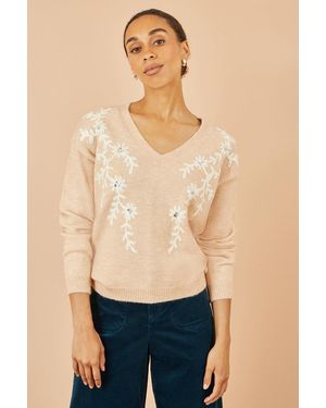 Yumi' Floral Embroidered V Neck Relaxed Knitted Jumper - Blue