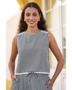 Yumi' Gingham Cotton Top With Lace Trims - Blue