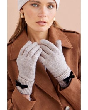 Yumi' Oatmeal Bow Knitted Gloves - Brown
