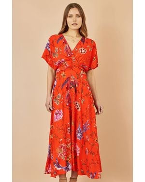 Yumi' Viscose Bird And Floral Print Kimono Midi Dress - Red
