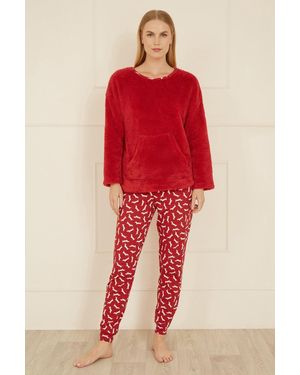 Yumi' Pyjamas With Fleece Top And Dachshund Print Trousers - Red