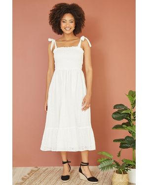 Mela Broderie Anglaise Ruched Midi Sundress With Tie Sleeves - White