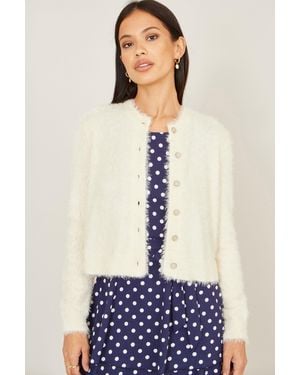 Yumi' Eyelash Knit Cropped Cardigan - White