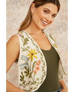 Yumi' Floral Embroidered Cotton Waist Coat - Multicolour