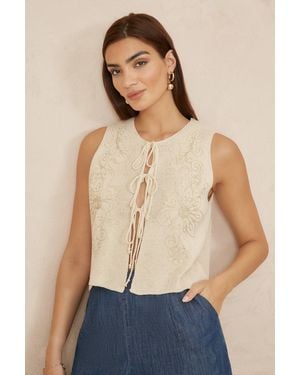 Yumi' Knitted Tie Front Waistcoat With Floral Details - Green