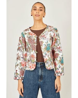 Yumi' Peacock Print Reversible Cotton Quilted Jacket - White