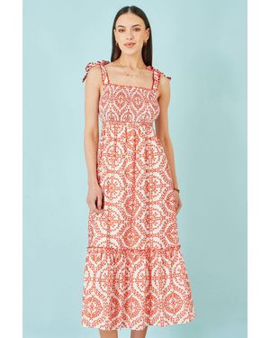 Yumi' Viscose Ruched Tie Strap Midi Sun Dress - Red