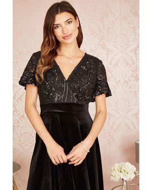Yumi' Embellished Velvet Wrap Skater Midi Dress - Black