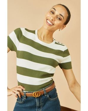 Yumi' Block Stripe Knitted Top With Button Details - Green