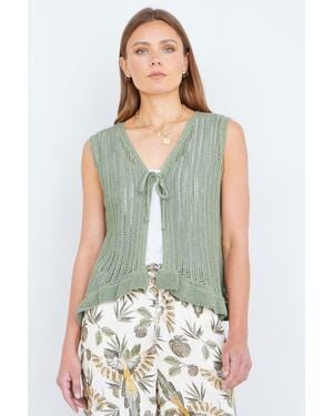 Yumi' Knitted Cotton Tie Waistcoat Top - Green