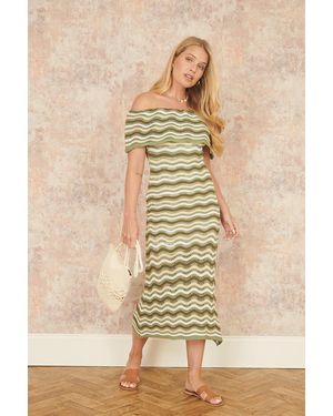 Yumi' Stripe Crochet Knit Bardot Midi Dress - Natural