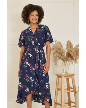 Mela Floral Wrap Dress With Frill Hem - Blue