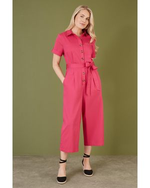 Yumi' Viscose Twill Button Up Utility Style Jumpsuit - Pink