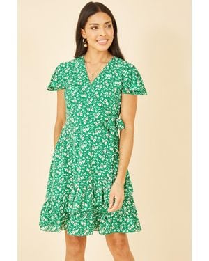 Mela Ditsy Floral Wrap Frill Dress - Green