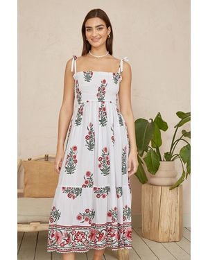 Yumi' Floral Printed Smocked Midi Dress - White