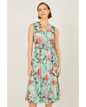 Yumi' Mint Blurred Floral Mesh Wrap Midi Dress - White