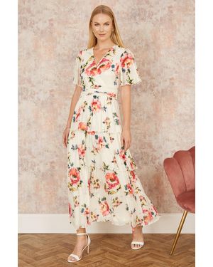 Yumi' Ivory Floral Mesh Tiered Maxi Dress - Natural