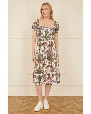 Yumi' Cotton Safari Print Ruched Midi Dress - Natural