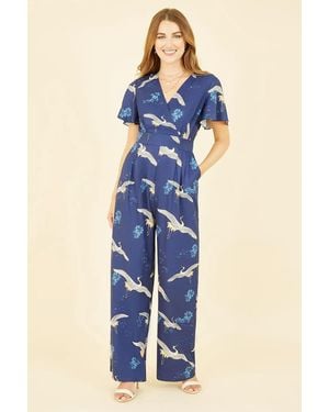 Yumi' Crane Print Angel Sleeve Jumpsuit - Black