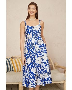 Yumi' Floral Button Through Midi Dress - Blue