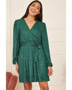Mela Sequin Belted Wrap Long Sleeve Dress - Green