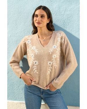 Yumi' Floral Embroidered V Neck Relaxed Knitted Jumper - Blue