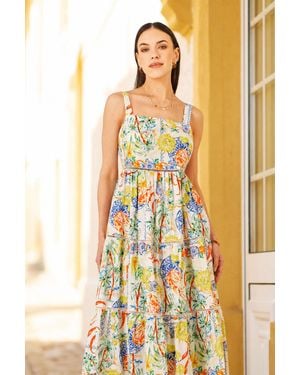 Yumi' Mediterranean Print Cotton Midi Sun Dress - White