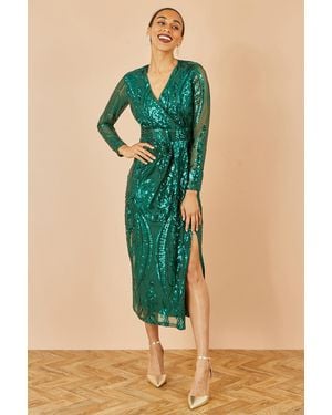 Yumi' Sequin Midi Wrap Dress With Split Hemline And Long Sleeves - Green