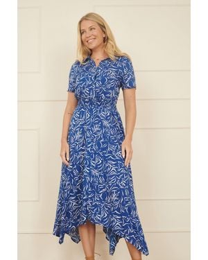 Yumi' Leaf Print Dip Hem Midi Shirt Dress - Blue