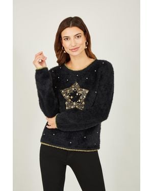 Yumi' Fluffy Star Christmas Jumper - Black