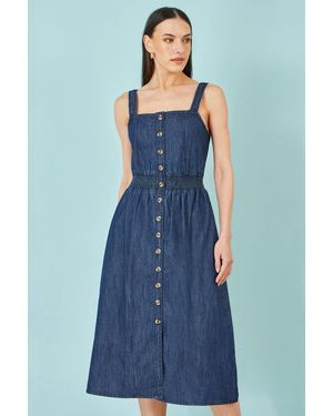 Yumi' Chambray Cotton Ruched Midi Sun Dress - Blue