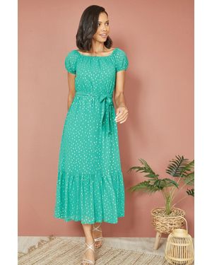 Mela Foil Print Bardot Midi Dress - Green