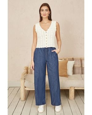 Yumi' Chambray Relaxed Fit Wide Leg Trousers - Blue