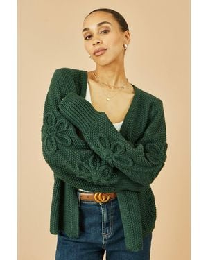 Yumi' Edge To Edge Cardigan With Flower Detail Sleeves - Green