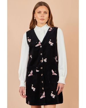 Yumi' Crane Embroidery Button Up Pinafore Dress - Black