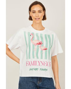 Yumi' Retro Relaxed Flamingo Cotton T Shirt - Grey