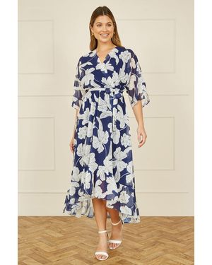 Yumi' Mesh Bird And Floral Print Midi Dress With Ruffles - Blue