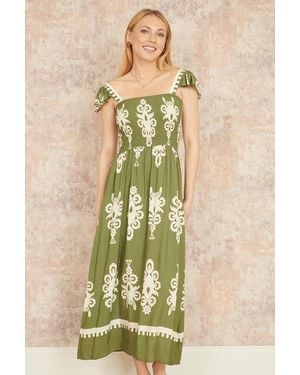 Yumi' Block Print Ruched Maxi Dress - Natural