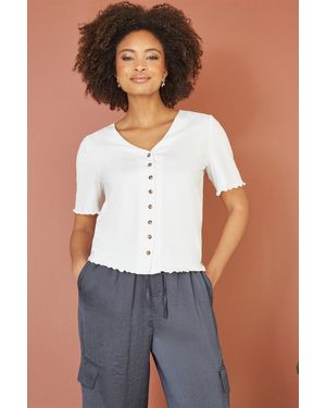 Yumi' Cotton Button Detail T-Shirt - Blue
